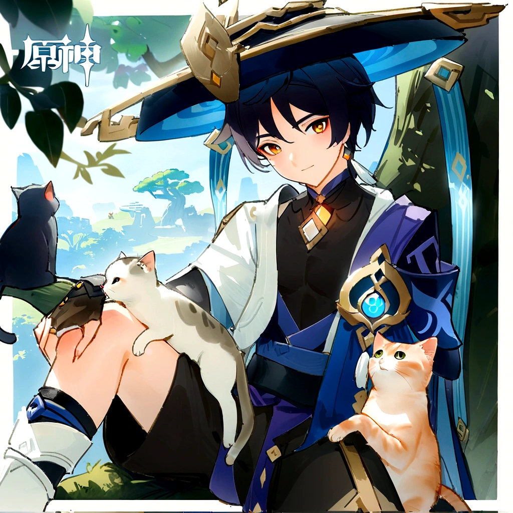 anime character with a cat and a hat sitting in front of a tree, genshin impact keqing, genshin impact zhongli, genshin, Heise Jinyao, genshin impact character, inspired by Bian Shoumin, isekai, by Yang J, Shikishi, Tsuaii, Yan, Type