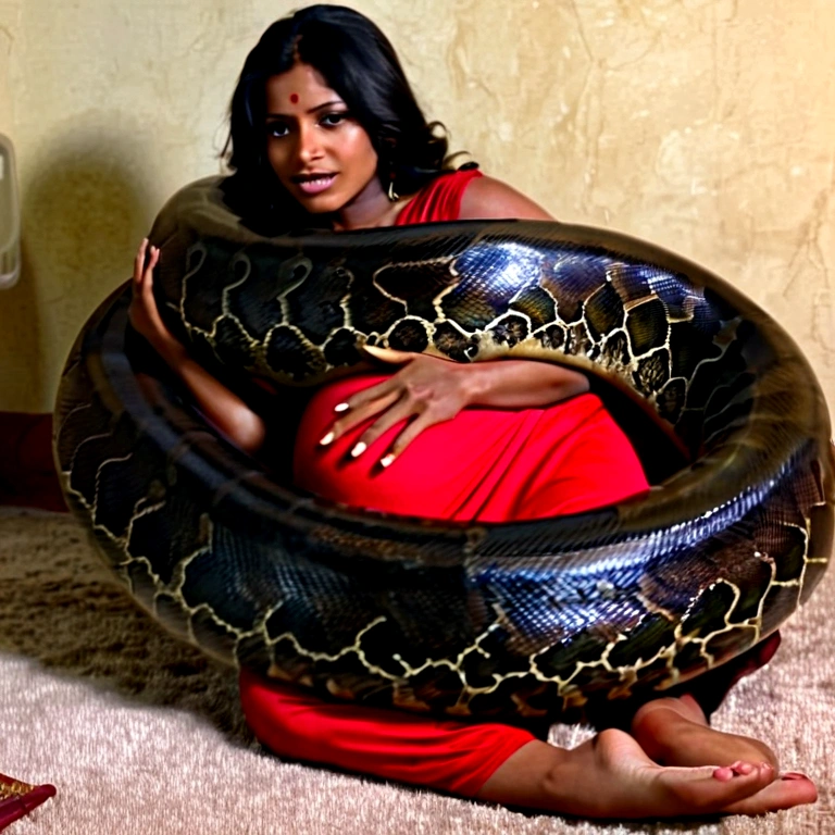 Pregnant Happy Horny, aroused 1girl), beautiful kneeling indian young teen girl with giant colossal black titanboa squeezing her hard, wrapped in thick spiraling coils, constricted, struggle, gasping for air, snake attack, snake peril, moonless night, dim light