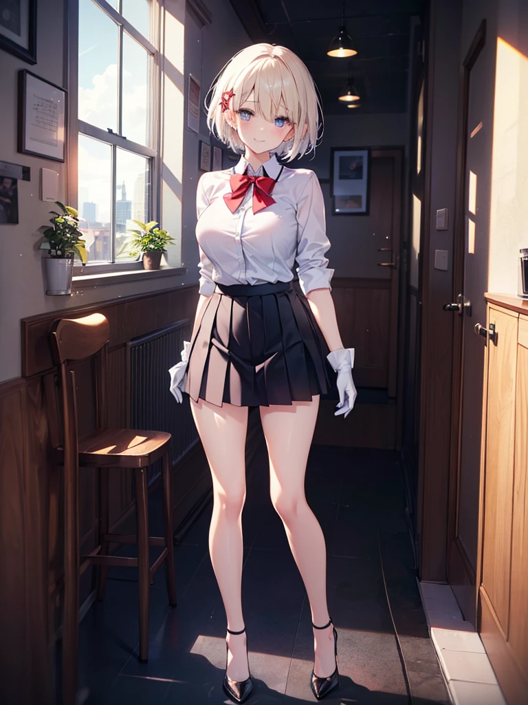 (8K, RAW photos, best quality, masterpiece:1.2), (Practical, photo-Practical:1.37), Extremely detailed, 1 girl,Lovely, Solitary,Beautiful and detailed sky,(Red and swollen nose),(Smile:1.1),(Shut up),Large Breasts, seductive Smile, Big Apartment, Professional lighting, Sony A7R4, Jersey 50mm F1.8, Medium breasts,Beautiful and delicate eyes,(Collared shirt:1.1), bow tie,Pleated Skirt,(short hair:1.2),Flowing hair ,Long hair,White gloves,Eyes with highlights,miniskirt,Slender legs,High heel