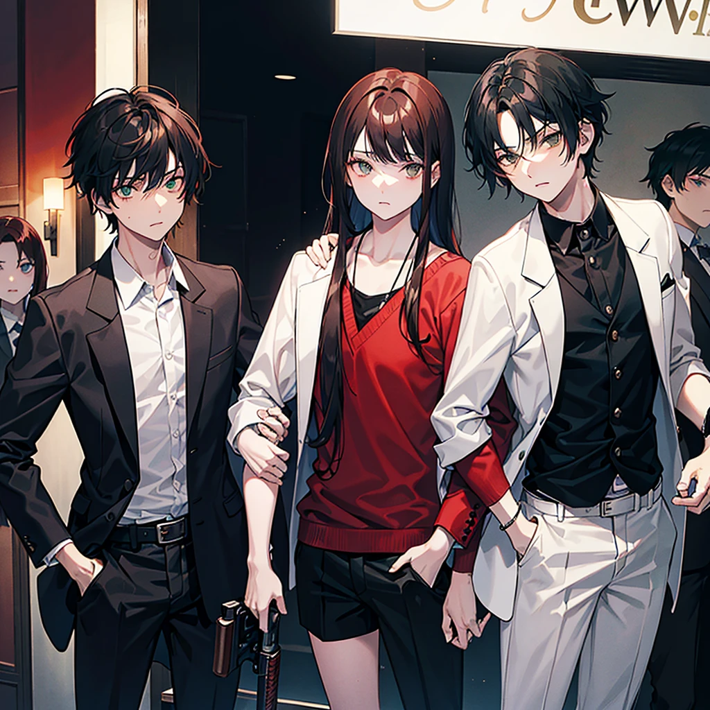  A boy with black hair and red locks in a mafia suit, a gun, brown eyes and white skin.
Next to the boy, a girl with dark brown hair (too much), green eyes and white skin, blue locks, matching black blouse and shorts, loose hair, not too short and bangs and holding a bat