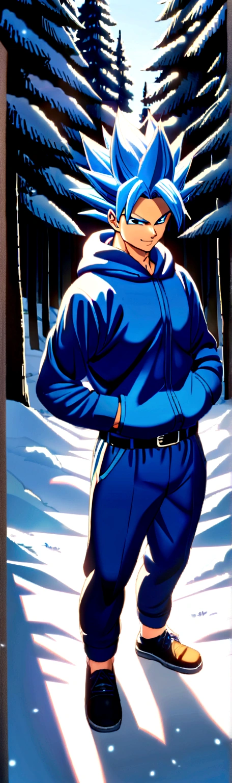 1 man, mid 20s, handsome, hot, (Saiyan spiky hair),(Silver blue ombre hair), (Blue jacket with fluffy hood, blue belt, martial arts pants), snowy forest, ray tracing, (hands in pockets, slight smile)
