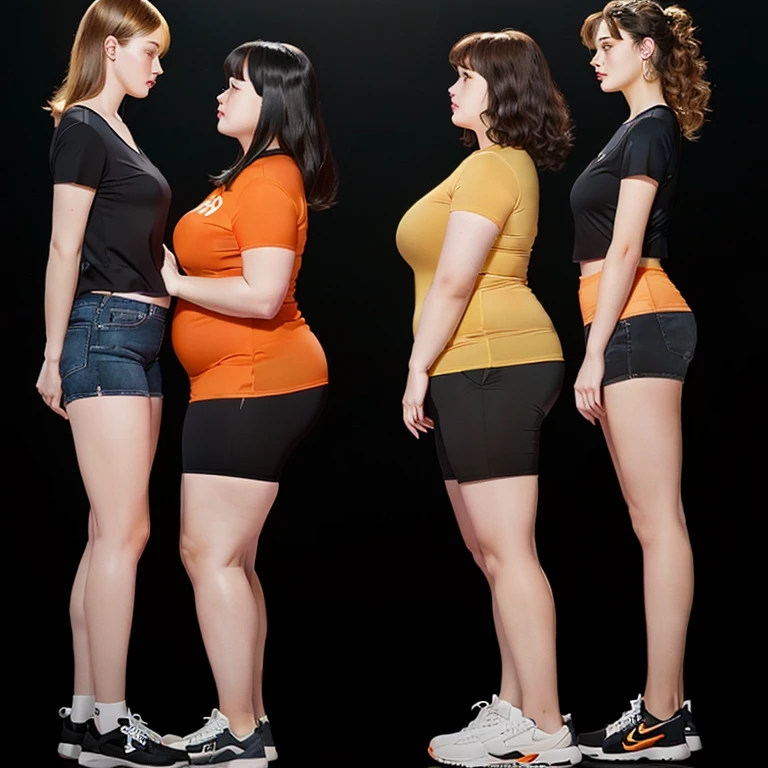 Araped woman wearing an orange shirt standing next to another woman wearing black shorts, Full body wide shot, full body photo, full body photo, Short and sturdy woman, The picture is large, fat ), full body photo, full body photo, full body image, overweight, full body shot, fat 여자, Overall - body and head view, an fat