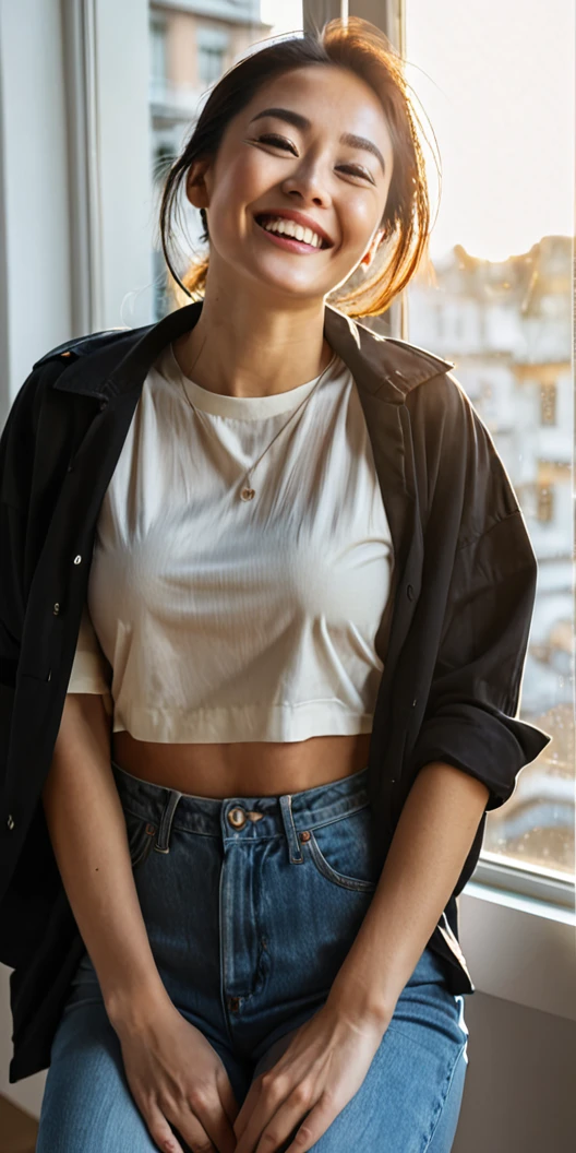 Beautiful woman is happy when she looks at the sunlight coming out of the window