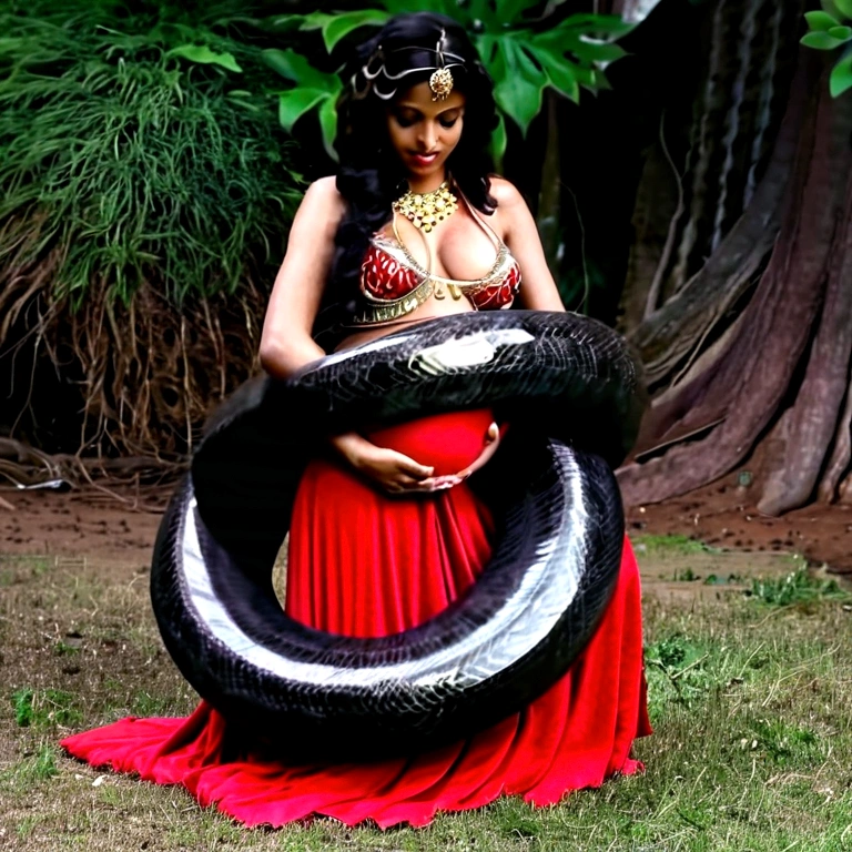 Pregnant Happy Horny, aroused 1girl), beautiful kneeling indian young belly dancer girl with giant colossal black titanboa squeezing her hard, wrapped in thick spiraling coils, constricted, struggle, gasping for air, snake attack, snake peril, moonless night, dim light