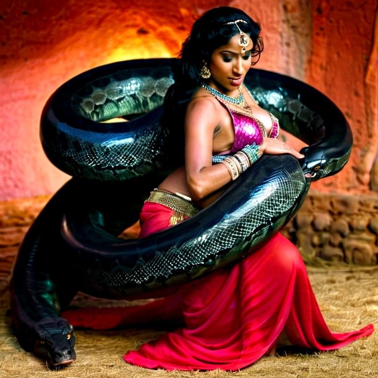 Pregnant Happy Horny, aroused 1girl), beautiful kneeling indian young teen belly dancer girl with giant colossal black titanboa squeezing her hard, wrapped in thick spiraling coils, constricted, struggle, gasping for air, snake attack, snake peril, moonless night, dim light