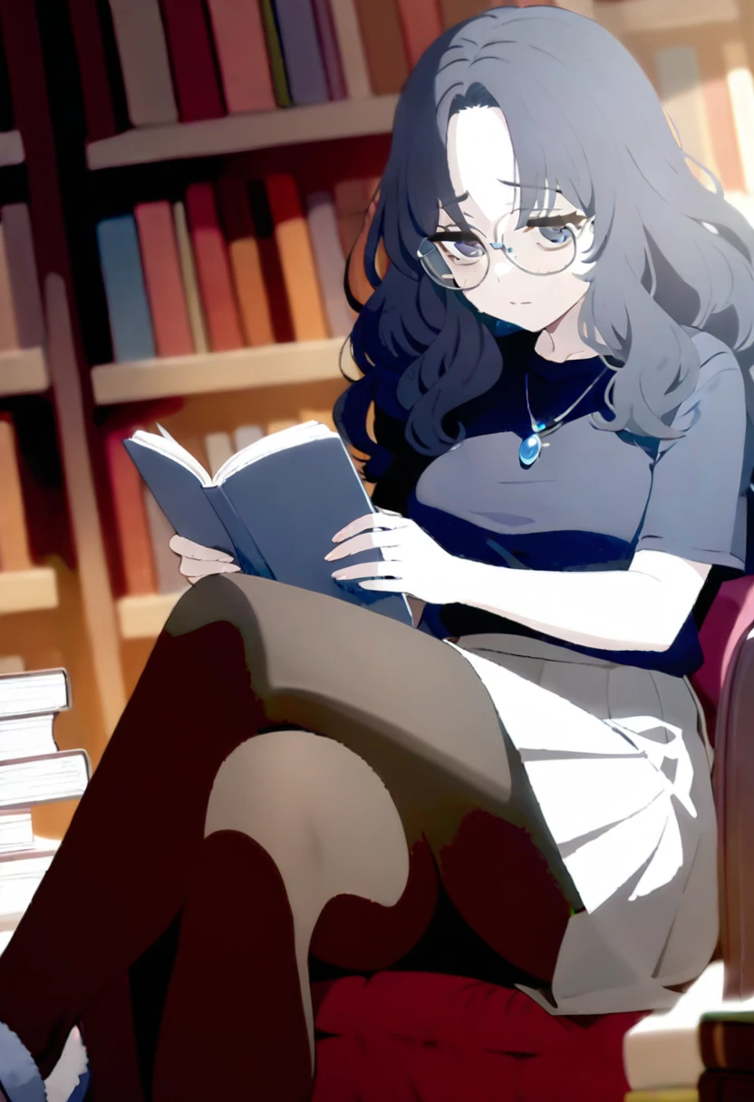 1 girl, (masterpiece), best quality, perfect face, adult, black hair, long hair, wavy hair, dark blue eyes, chubby, black pantyhose, bags under eyes, formy black shirt, gray skirt, skirt below knee length, serious look, gray slippers, in a library, glasses, blue gem necklace, sitting, crossed legs, reading a book