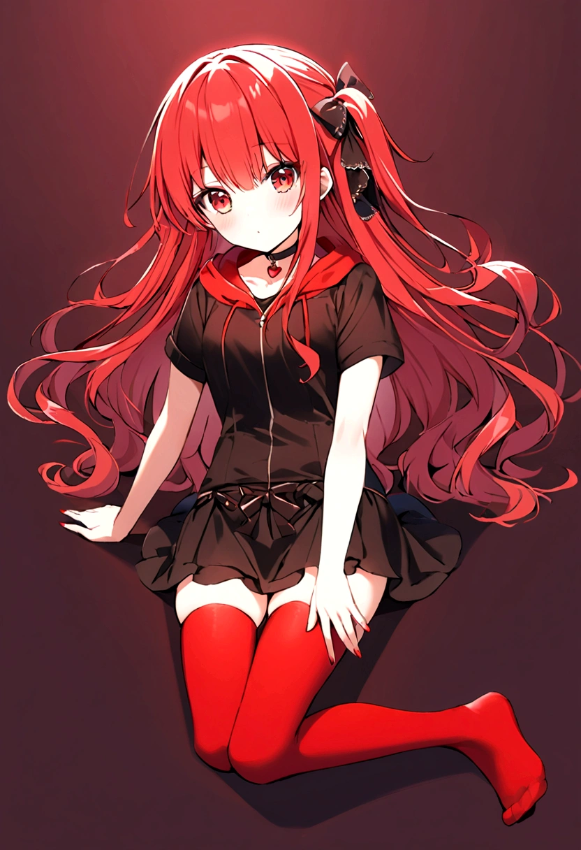 a girl with a red skirt and a black skirt that is under the red shirt . red stockings . red zip up hoodie, black shirt underneath with short sleeves and ,red hair, long hair and a flower with a ribbon on the bottom on the side on the hair and red eyes has a black Choker , and a small heart red necklace ,  has a ribbon bow waistband , full body 