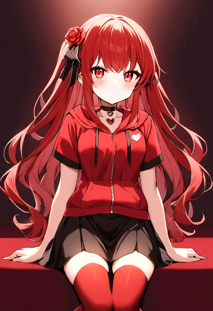 a girl with a red skirt and a black skirt that is under the red shirt . red stockings . red zip up hoodie, black shirt underneath with short sleeves and ,red hair, long hair and a flower with a ribbon on the bottom on the side on the hair and red eyes has a black Choker , and a small heart red necklace , has a ribbon bow waistband , full body