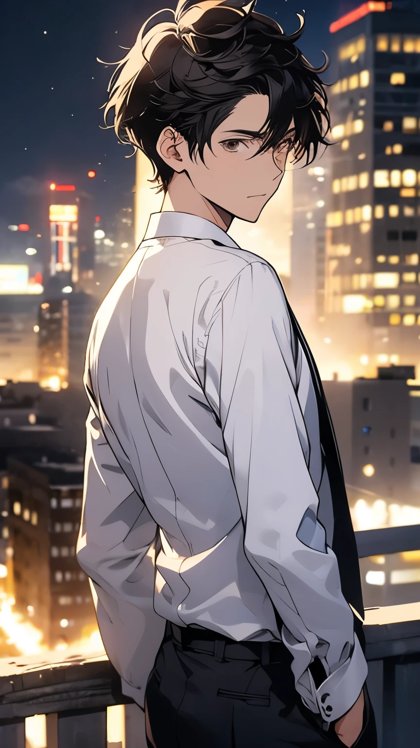 With anime style illustrations A working man appeared, with  brown eyes  and Two Block hairstyle (hair: white color) wearing a black suit Posing with  back looking out, half body image, city background at night. Look back.