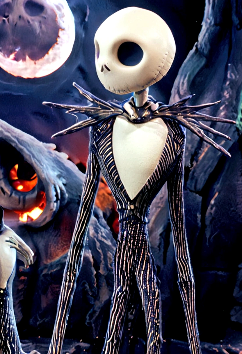 Create a hyper detailed photograph of a nightmare before Christmas tattooed muscular young sexy jack Skellington, Stunningly perfect gorgeous face, perfect makeup,detailed vibrant eyes, big beautiful muscular legs, big beautiful muscular arms, big back muscles, realistic torso, muscular abs, detailed smooth skin, big breast, big muscular ass,nightmare before Christmas