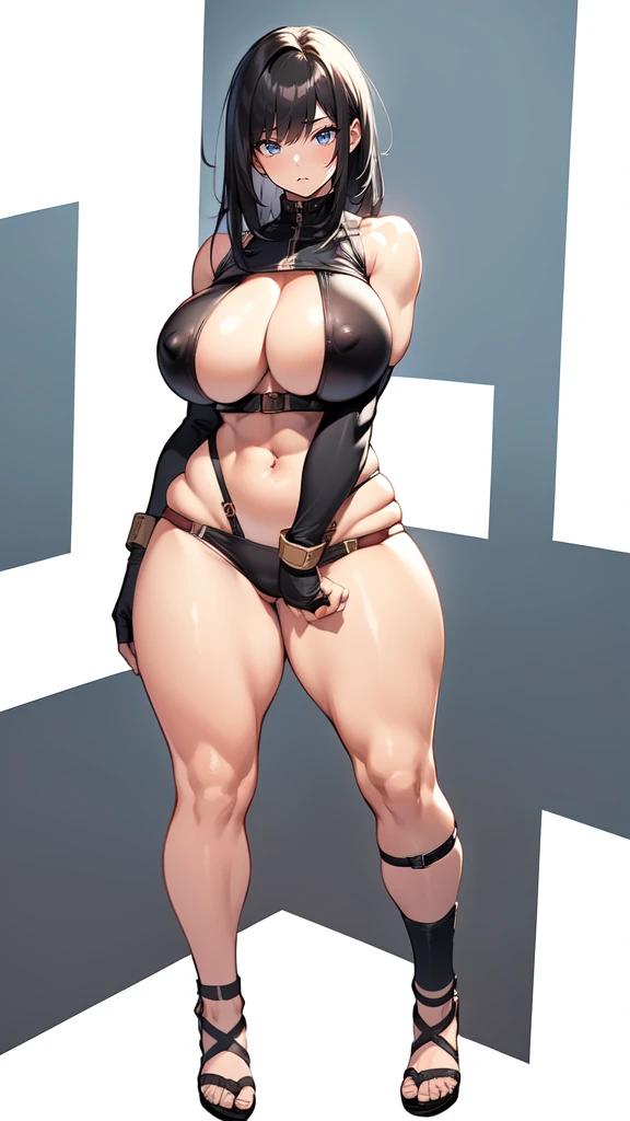 (masterpiece), best quality, female warrior, huge girl, female muscular:1.2, curvy, ((thick thighs:1.4)), (((blank background))), ((full body)), fingerless gloves, sandals, sleeveless, covered nipples, (underboobs:1.3), thin hair, straight hair, black hair