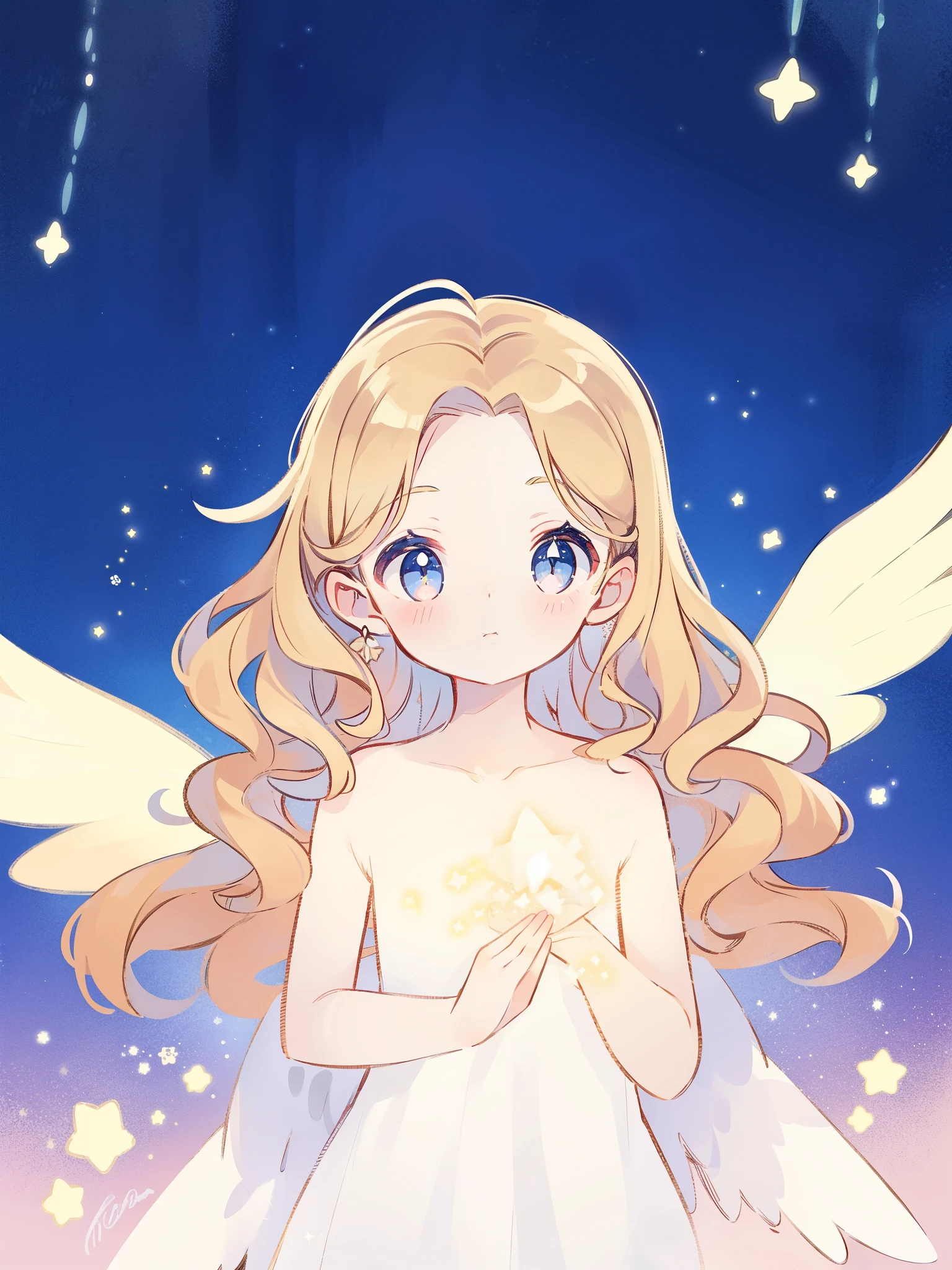 nude angel girl wearing an ethereal translucent dress, pale skin, ((white sparkling wavy hair)), white feathers, angel wings, sparkling detailed eyes, golden ratio face, perfect composition, highly detailed, ethereal, (starry night sky background), midjourney style