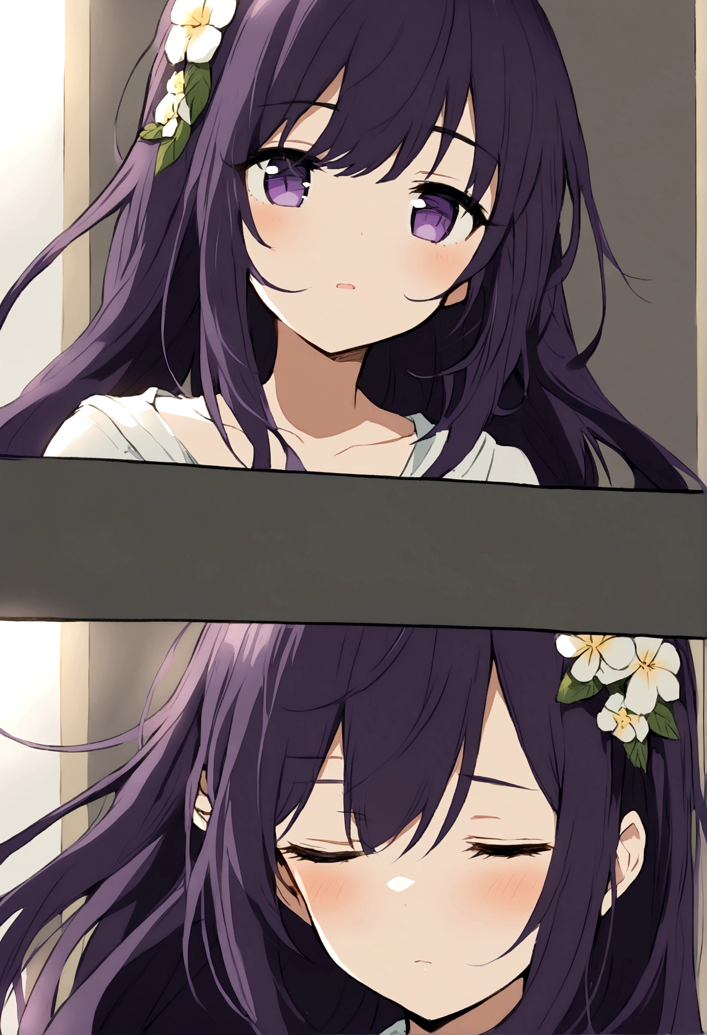 Anime girl with very long dark purple hair and a flower hair accessory waking up in the morning as she looks sleepy and her eyes were half closed 