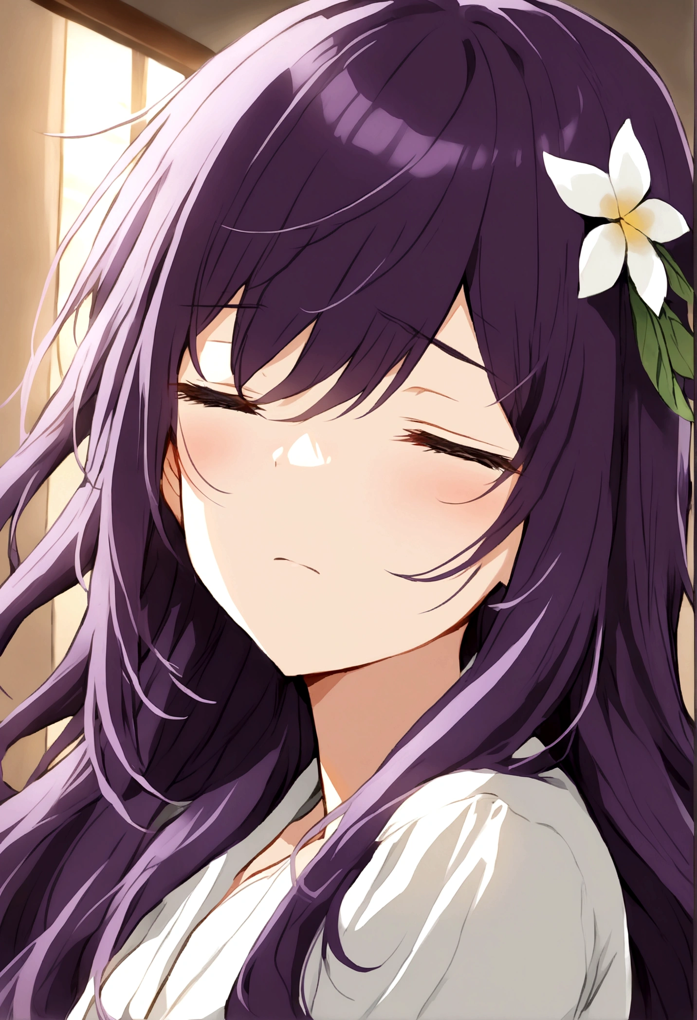 Anime girl with very long dark purple hair and a flower hair accessory waking up in the morning as she looks sleepy and her eyes were half closed 