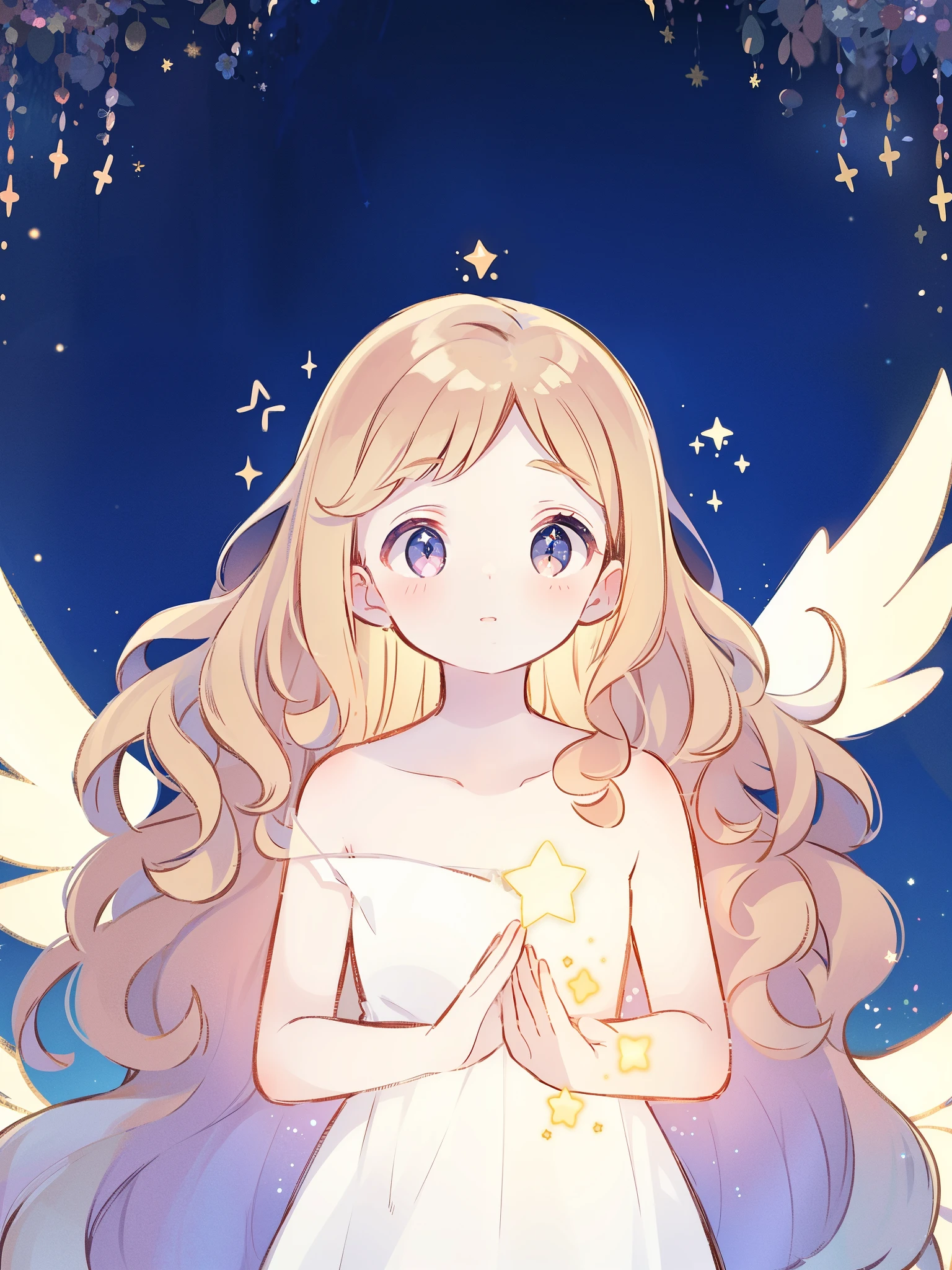 nude angel girl wearing an ethereal translucent dress, pale skin, ((white sparkling wavy hair)), white feathers, angel wings, sparkling detailed eyes, golden ratio face, perfect composition, highly detailed, ethereal, (starry night sky background), midjourney style