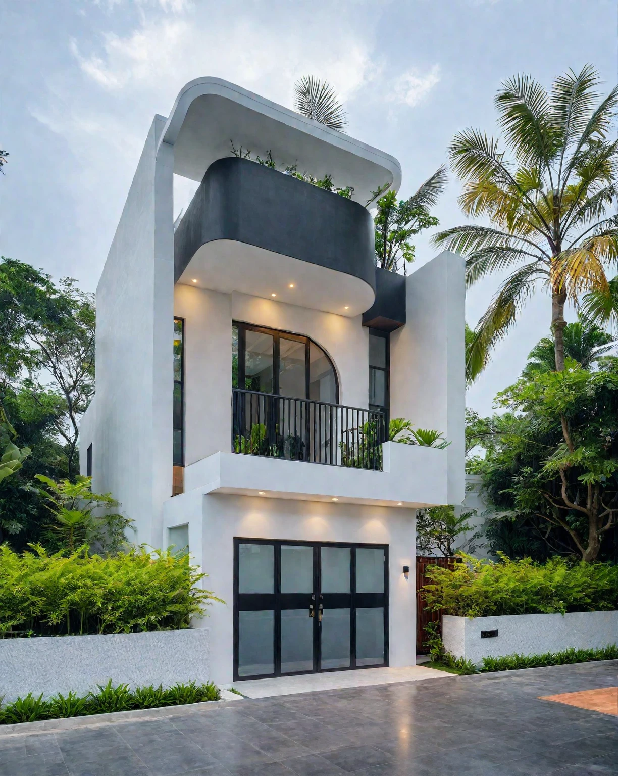 RAW photo, a photo of a modern villa, sidewalk, sidewalk trees, steel gate, road, viet nam modern residence, a car parked in front of it, rough white wall, new residential area, wide angle exterior 2022, contemporary house, exterior photography, masterpiece, contemporary architecture, overcast, indirect lighting