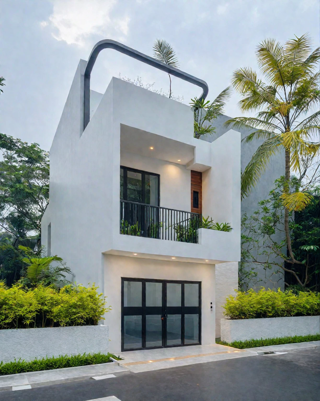 RAW photo, a photo of a modern villa, sidewalk, sidewalk trees, steel gate, road, viet nam modern residence, a car parked in front of it, rough white wall, new residential area, wide angle exterior 2022, contemporary house, exterior photography, masterpiece, contemporary architecture, overcast, indirect lighting