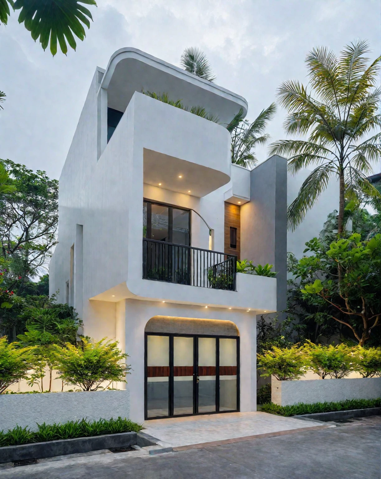 RAW photo, a photo of a modern villa, sidewalk, sidewalk trees, steel gate, road, viet nam modern residence, a car parked in front of it, rough white wall, new residential area, wide angle exterior 2022, contemporary house, exterior photography, masterpiece, contemporary architecture, overcast, indirect lighting