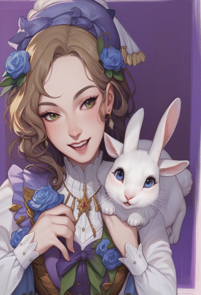 painting of a woman with a rabbit and a cat in a purple dress, inspired by Federico Barocci, inspired by Leonor Fini, inspired by Marie Laurencin, girl and a goat, inspired by Andrea del Sarto, inspired by Eleanor Fortescue-Brickdale, inspired by Sofonisba Anguissola, inspired by Edmund Blampied