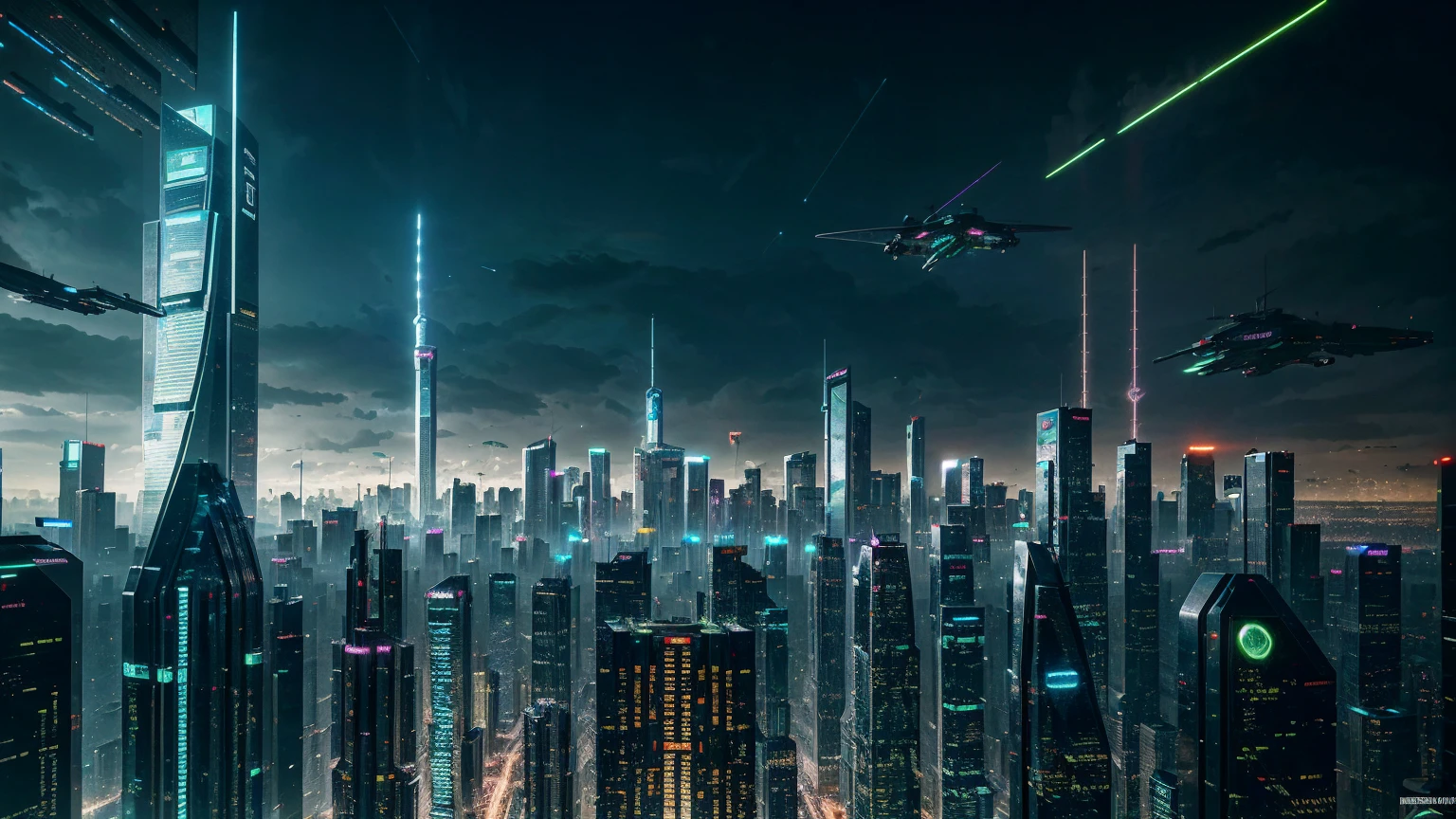 A futuristic green city, advanced cyberpunk metropolis, ultramodern skyscrapers, neon-lit streets, flying cars, holograms, robots, artificial intelligence, lush parks and gardens, clean energy technology, utopian society, vibrant colors, dramatic lighting, cinematic composition, stunning architecture, detailed environment, masterpiece, 8k, photorealistic, concept art