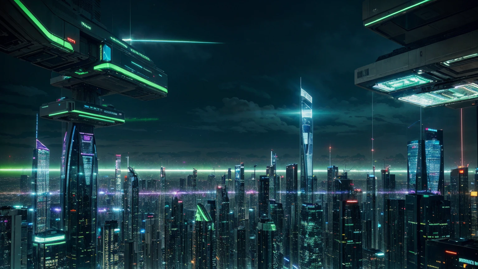 A futuristic green city, advanced cyberpunk metropolis, ultramodern skyscrapers, neon-lit streets, flying cars, holograms, robots, artificial intelligence, lush parks and gardens, clean energy technology, utopian society, vibrant colors, dramatic lighting, cinematic composition, stunning architecture, detailed environment, masterpiece, 8k, photorealistic, concept art