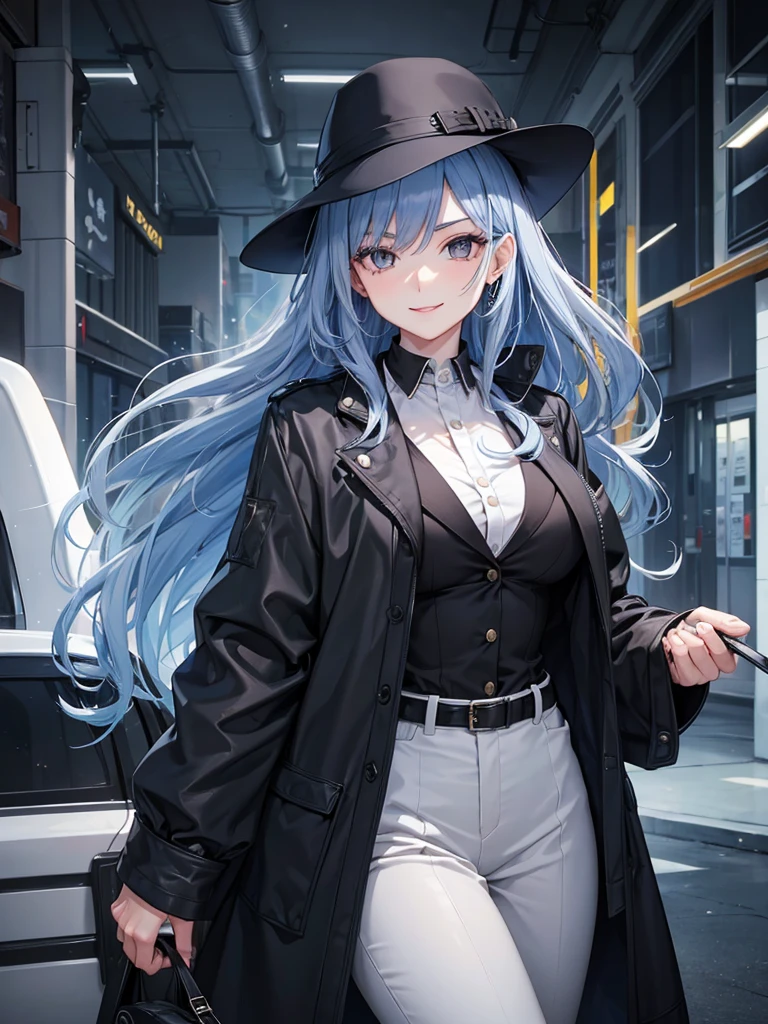 woman, long curry wavy steel blue hair, dark gray black eyes, independent woman, kind smile. mature woman. mafia. wear jacket. girl boss. doctor.