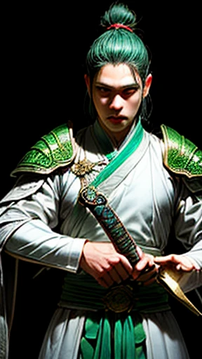 （Lightning affects the atmosphere, HD lighting and darkness )<=(Great image quality)Dark atmosphere with bright particle lights(Many effects in the background)<=(Great image quality)Dark atmosphere with bright particle lights(Many effects in the background),Oriental、Men in ancient Chinese costumes、(ancient chinese hairstyle male)、As seen in the Romance of the Three Kingdoms々military commander、Highest quality、masterpiece、Ultra-high resolution、(Realistic:1.4)、Game Poster、Crisp and beautiful image quality、Embroidered cloth wrapped around a topknot、whole body ,(green metal armor, metal dragon head on the shoulder, Holding a sword, (Skin of color, ), (green metal armor with intricate pattern:1.2), gloves, Long trousers, (Very detailed, bloom:1.5), (Highest quality, Concept Art, 4K), (analog:1.2), (high sharpness), (Detailed pupil:1.1), (Painting:1.1), (digital Painting:1.1), Detailed face and eyes, masterpiece, Highest quality, (Very detailed写真:1.1), 8K, photoRealistic, (PurerosFace_v1:0.2), [:(Detailed face:1.2):0.2], sharp, Realistic, Realistic Shadow, 