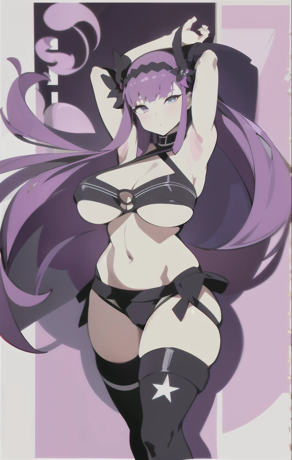 Best Quality, Masterpiece,1 girl,Valkyrie Unit, giant breasts, Valkyrie Unit -mermaid-,Mrs. J., under the chest, armpits, arms behind head, trespass, panties, high heel, purple hair, wide