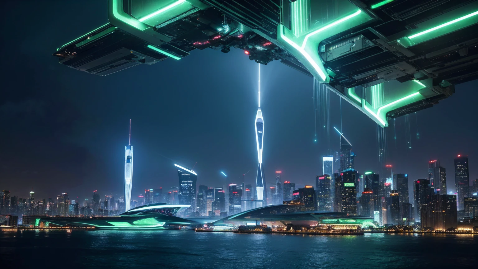 a futuristic green city, cyberpunk cityscape, neon lights, skyscrapers, floating islands, advanced technology, aerial vehicles, shimmering glass buildings, metallic structures, bioluminescent plants, neon signage, holographic displays, clean energy, flying cars, elevated walkways, glowing architecture, chrome and steel, seamless integration of nature and technology, cinematic lighting, intricate details, vibrant colors, dramatic shadows, masterpiece, (best quality,4k,8k,highres,masterpiece:1.2),ultra-detailed,(realistic,photorealistic,photo-realistic:1.37)