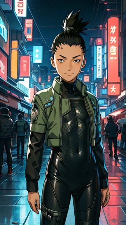 (8k),(masterpiece),(Japanese),(13-year-old boy),((innocent look)),((Childish)),From the front,smile,cute,Innocent,Kind eyes,Flat chest, Nara Shikamaru wearing cyberpunk bodysuit,Short,Hair blowing in the wind, Black ponytail Hair,Strong wind,night,dark, Neon light cyberpunk Konoha Space Station 