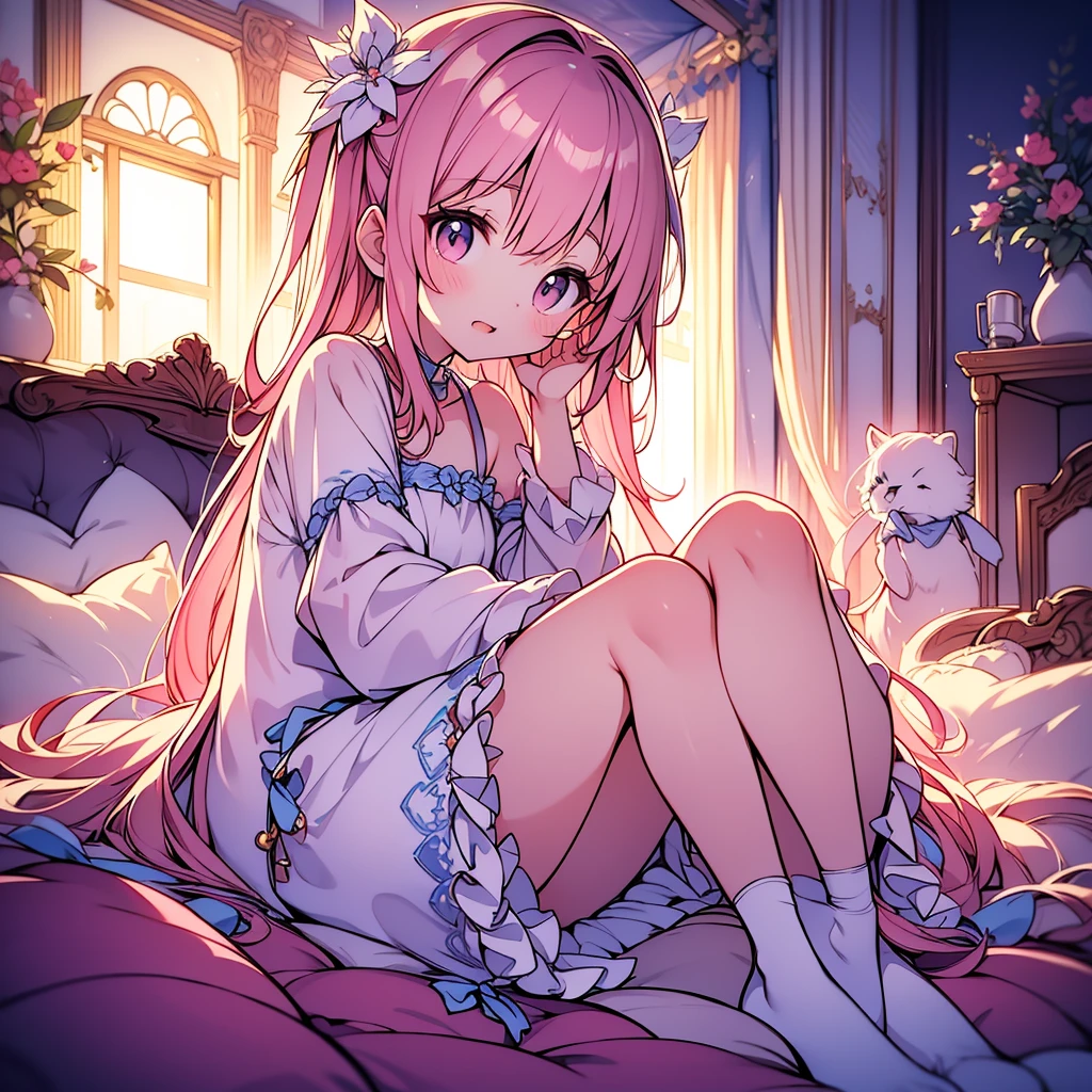 (精巧でbeautiful、A masterpiece with attention to detail, High quality and high resolution),(A cute and delicate beautiful girl illustration in mature pastel colors, clear, Balanced, 細い線で描かれた繊細でbeautiful顔.),beautiful, small, luxury room at night.,She is wearing open-necked pajamas decorated with lace., Ruffles and ribbons, Knee-high socks decorated with lace.,(Stylish and cute girl, Wave Bob Hair, Fair skin, Short eyebrows, Pale pink cheeks, a very small nose, a mouth with small pointed fangs, Plump pink lips, beautiful動物の目, And quite large, Fluffy bust.),Vibrant and eye-catching colors,Watercolor illustration