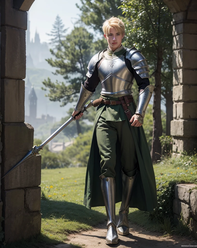 Male Youth with blonde hair, brown eyes and fair skin, wearing green medieval knight armor and gray trousers, gauntlets and boots, weilding spear, fullbody, medieval background, muscular