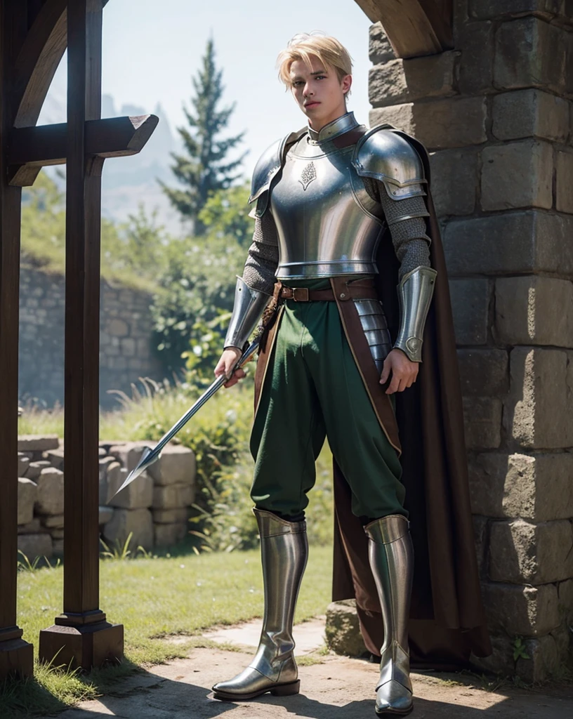 Male Youth with blonde hair, brown eyes and fair skin, wearing green medieval knight armor and gray trousers, gauntlets and boots, weilding spear, fullbody, medieval background, muscular