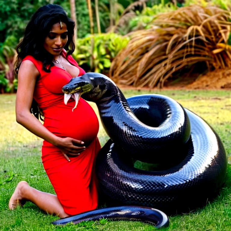 Pregnant Happy Horny, aroused 1girl), beautiful kneeling indian young girl with giant colossal black titanboa squeezing her hard, wrapped in thick spiraling coils, constricted, struggle, gasping for air, snake attack, snake peril, moonless night, dim light