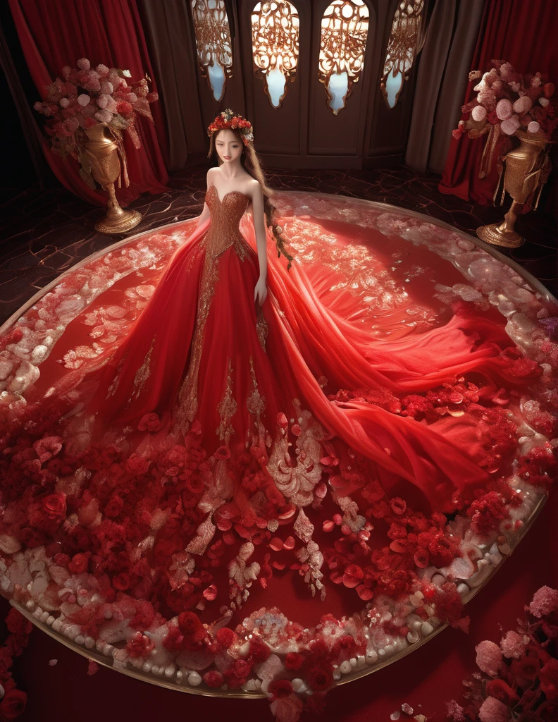 Extreme Wide Shot,aerial perspective,top-down view,grand scale,central subject,woman in red bridal gown,red petals are covered around,intricate crystal floral patterns,ethereal red flower sea backdrop,dreamlike ambiance,vibrant red hues,majestic aura,detailed embroidery,fantasy setting,(fantasy theme:1.4),opulent design,lavish presentation,surreal beauty,mesmerizing floral expanse,enchanting atmosphere,,incredibly absurdres,realistic,real,((art nouveau)),reality, , detailed, intricate, detailed intricate, (detailed face:1.2), ,  , 