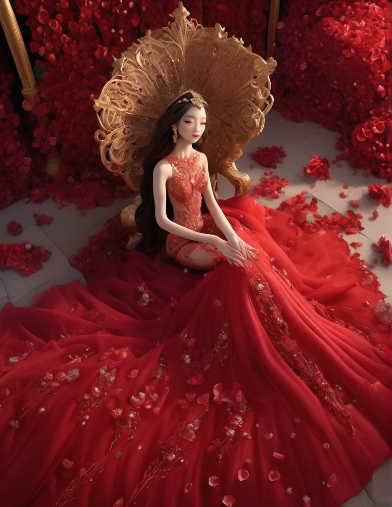 Extreme Wide Shot,aerial perspective,top-down view,grand scale,central subject,woman in red bridal gown,red petals are covered around,intricate crystal floral patterns,ethereal red flower sea backdrop,dreamlike ambiance,vibrant red hues,majestic aura,detailed embroidery,fantasy setting,(fantasy theme:1.4),opulent design,lavish presentation,surreal beauty,mesmerizing floral expanse,enchanting atmosphere,,incredibly absurdres,realistic,real,((art nouveau)),reality, , detailed, intricate, detailed intricate, (detailed face:1.2), ,  , 