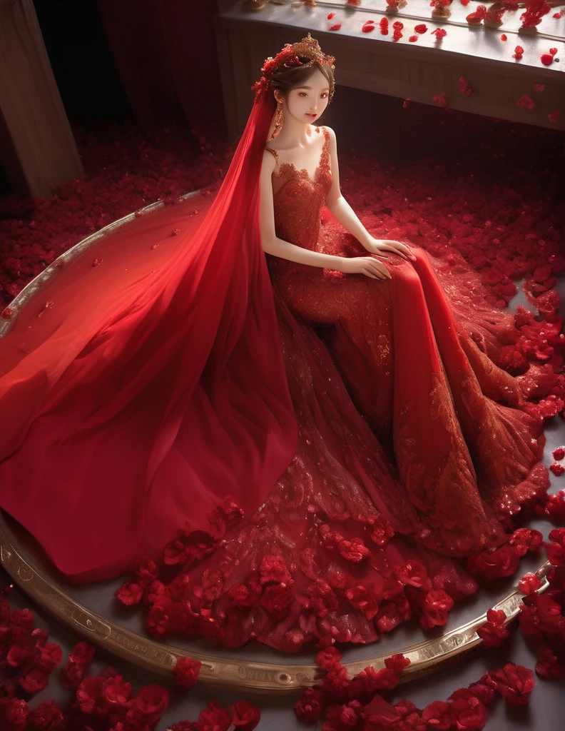 Extreme Wide Shot,aerial perspective,top-down view,grand scale,central subject,woman in red bridal gown,red petals are covered around,intricate crystal floral patterns,ethereal red flower sea backdrop,dreamlike ambiance,vibrant red hues,majestic aura,detailed embroidery,fantasy setting,(fantasy theme:1.4),opulent design,lavish presentation,surreal beauty,mesmerizing floral expanse,enchanting atmosphere,,incredibly absurdres,realistic,real,((art nouveau)),reality, , detailed, intricate, detailed intricate, (detailed face:1.2), ,  , 