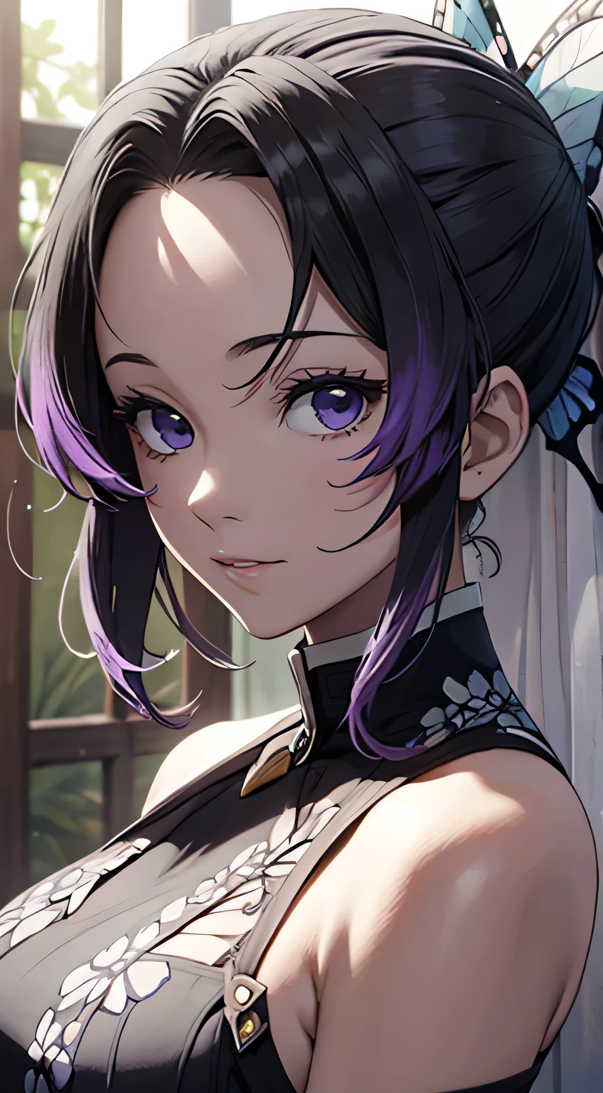 Ultra-realistic 8K CG,Masterpiece artwork,((Ultra detailed backgrounds,delicate patterns,intricate detailsbest quality,very face, very detailled,extremely detailed eye and face,Olhos very detailleds,kochou shinobu,O cabelo multicolorido,without bangs,hair intake,Black eye,Haori,butterflys,strip strip,(Torpico Garden:1.2),purple flower,almost cloudy sky,rays of sunlight,Tindall Effect,Gradient_skyporn,faces,beautiful sky,Saber at the waist,Charming posture,(breasts big:1.3),(neckleace:1.3),(Off-the-shoulder clothes:1.6)