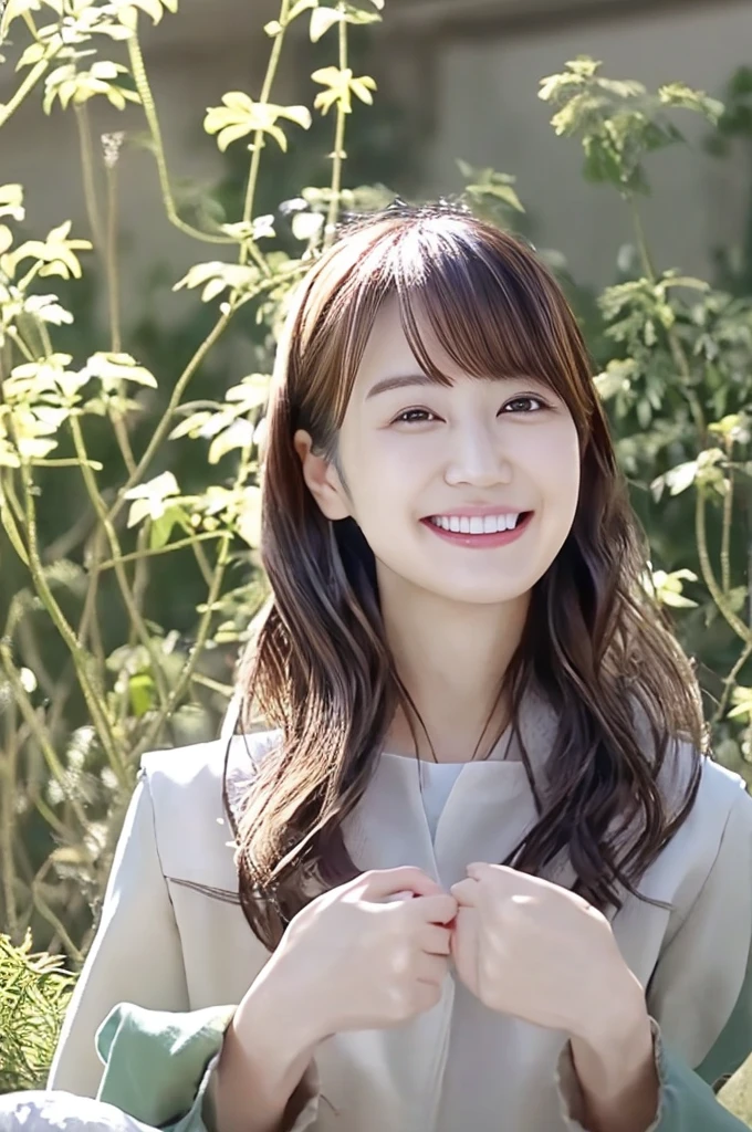 Minami Hamabe,(highest quality,16k,High resolution:1.2),Dark brown long hair,Girls in their 20s,Very detailed,One Girl,A beautiful 26 year old woman,(Minami Hamabe:1.3),(smile),garden,(high quality,ultra detailed,best quality,masterpice,4k,taken by nikon d750:1.0)
