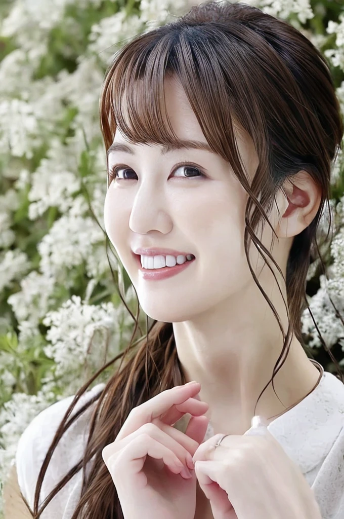 Minami Hamabe,(highest quality,16k,High resolution:1.2),Dark brown long hair,Girls in their 20s,Very detailed,One Girl,A beautiful 26 year old woman,(Minami Hamabe:1.3),(smile),garden,(high quality,ultra detailed,best quality,masterpice,4k,taken by nikon d750:1.0)