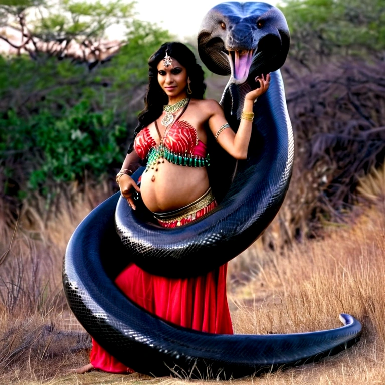  Pregnant  Happy Horny, aroused 1girl), beautiful kneeling indian young  belly dancer girl  with  giant colossal black titanboa squeezing her hard, wrapped in thick spiraling coils, constricted, struggle, gasping for air, snake attack, snake peril, moonless night, dim light