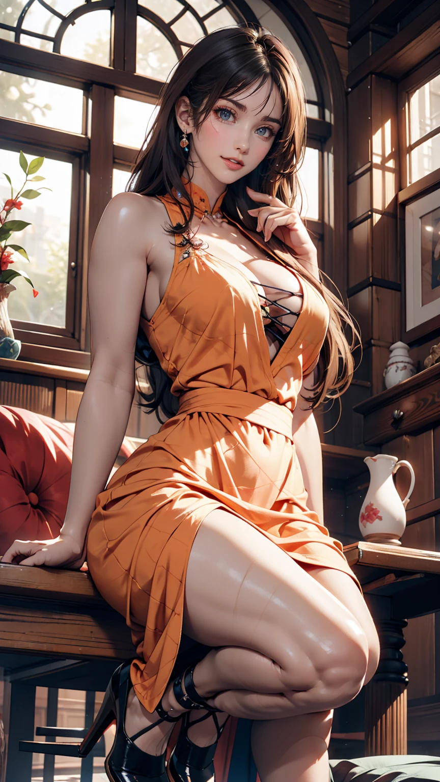 Illustration design, Delicate characters, Windows, table, Brown Hair, Big eyes, Long Chinese Dress、24 year old Japanese woman、Sexy proportions、Sexy、Narrow waist、Sexy太もも、Wear stiletto heels