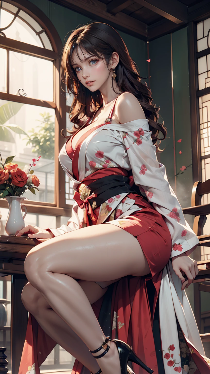 Detailed Background,Art Deco,Beautiful landscape painting,Botanical Art,Flower Art,(Floral:1.2), (masterpiece, Highest quality),Vibrant colors,colorful, Highest quality, Amazing details, Anatomically correct, Line art, Written boundary depth,Flat Shading,Bokeh, woman、、Black Hair、 whole body、 Sit with your legs apart:1.5、sexy、Passionate、Stretch your legs、(Thighs)、(Small breasts)、Slim style、(barefoot)、 Mucha style、Ukiyo-e style、Looking up at the camera、Browsing Caution,kimono, dragon kimono, partially open kimono