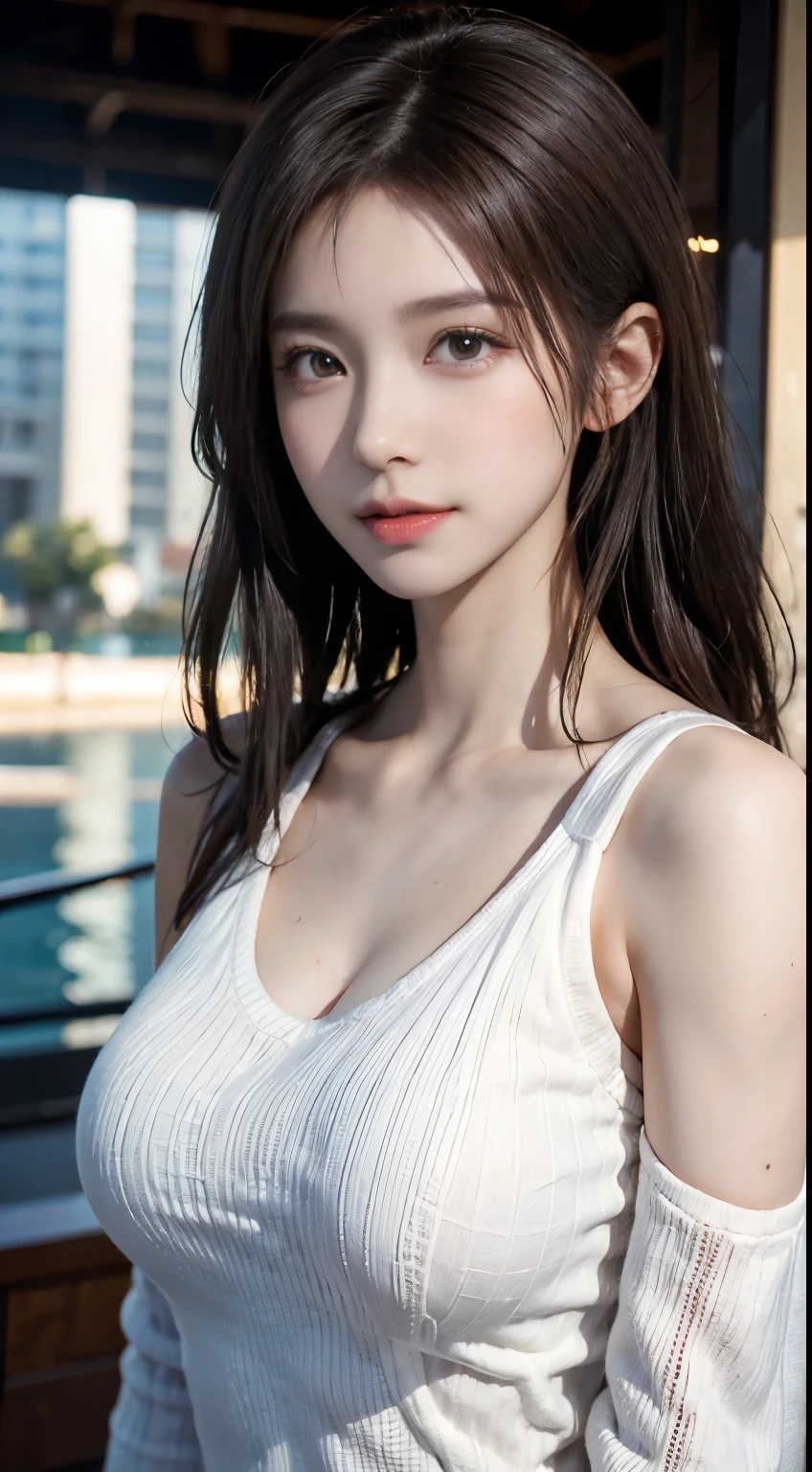 (logo, masterpiece, 8K, Tabletop, RAW Photos, wonderful, 最high quality, Photorealistic and very detailed CG composite 8k wallpaper, high quality, Very detailed, Narrative poem, Particle Effects, Dynamic Effects, Depth of the Boundary, Cinematic Light, Lens flare, Ray Tracing), short hair beautiful young woman, Hair tied back, high detail skin, very fine, fine skin texture, beautiful face, realistic eyes, beautifully detailed eyes, realistic skin, beautiful skin, surreal, smiling eyes, Hair and light eyes, Vibrant, Colorful lights and bokeh. The lighting casts a warm glow on her face and hair, Blue glow, Water surface reflection, Creates a dreamy and magical atmosphere, Big Breasts, Brown Hair, short hair, plump lower lip, pink blush on the cheeks , pink lips, brown tight no-shoulder knit sweater