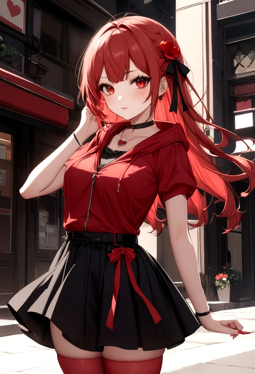 a girl with a red skirt and a black skirt that is under the red shirt . red stockings . red zip up hoodie, black shirt underneath with short sleeves and ,red hair, long hair and a flower with a ribbon on the bottom on the side on the hair and red eyes has a black Choker , and a small heart red necklace ,  has a ribbon bow waistband , full body 