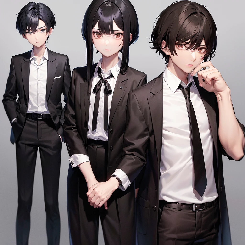A boy with black hair and red locks in a mafia suit, a gun, brown eyes and white skin.
Next to the boy, a girl with dark brown hair (too much), green eyes and white skin, blue locks, matching black blouse and shorts, loose hair, not too short and bangs and holding a bat