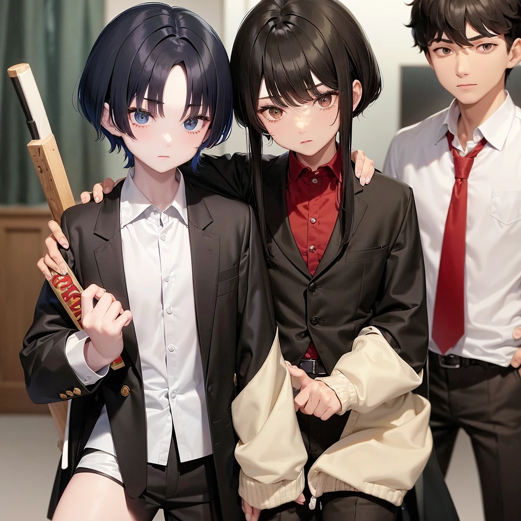  A boy with black hair and red locks in a mafia suit, a gun, brown eyes and white skin.
Next to the boy, a girl with dark brown hair (too much), green eyes and white skin, blue locks, matching black blouse and shorts, loose hair, not too short and bangs and holding a bat