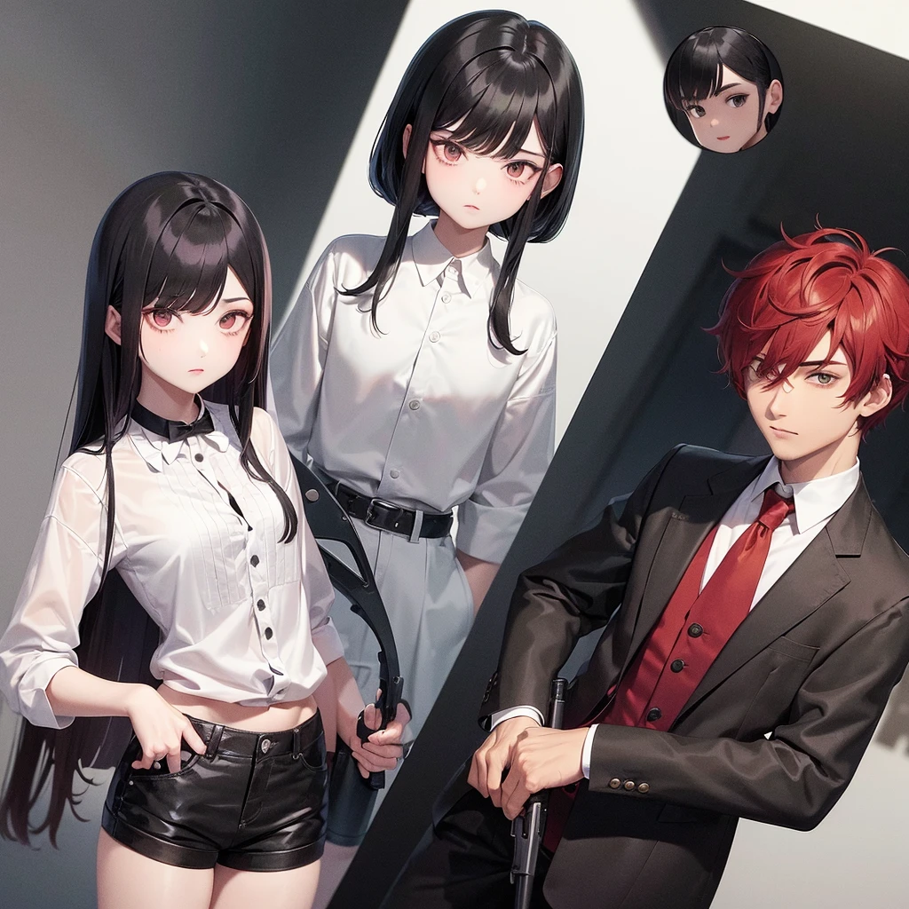 A boy with black hair and red locks in a mafia suit, a gun, brown eyes and white skin.
Next to the boy, a girl with dark brown hair (too much), green eyes and white skin, blue locks, matching black blouse and shorts, loose hair, not too short and bangs and holding a bat