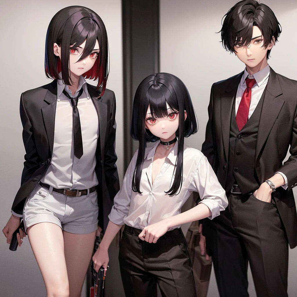 A boy with black hair and red locks in a mafia suit, a gun, brown eyes and white skin.
Next to the boy, a girl with dark brown hair (too much), green eyes and white skin, blue locks, matching black blouse and shorts, loose hair, not too short and bangs and holding a bat