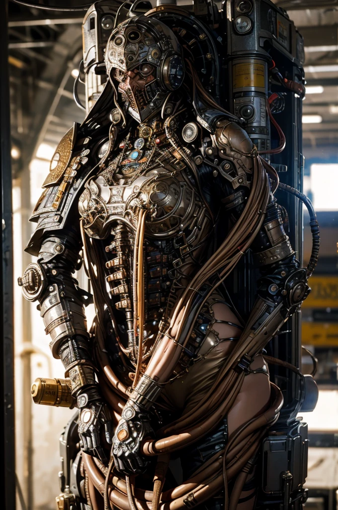 A full-length figure of a cool girl wearing a detailed steampunk armored suit. Exposed wiring, lots of cords and tubes connecting to the system. 